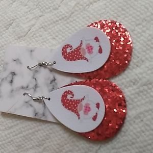Valentine Faux Leather Double Stacked earrings 1.5 x 3 inch heart w Red Glitter